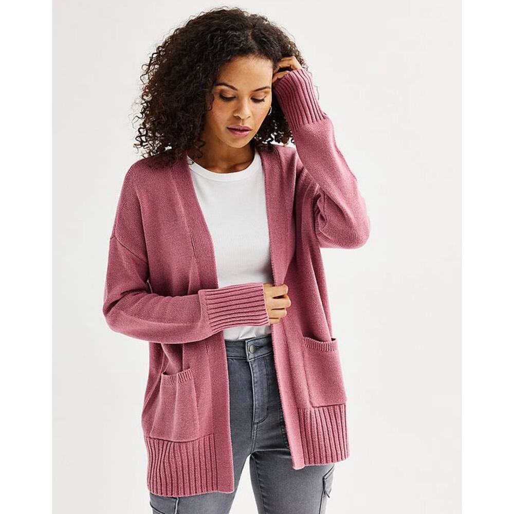Sonoma Dusty Mauve Open Front Knit Cardigan Women Pockets M - A008